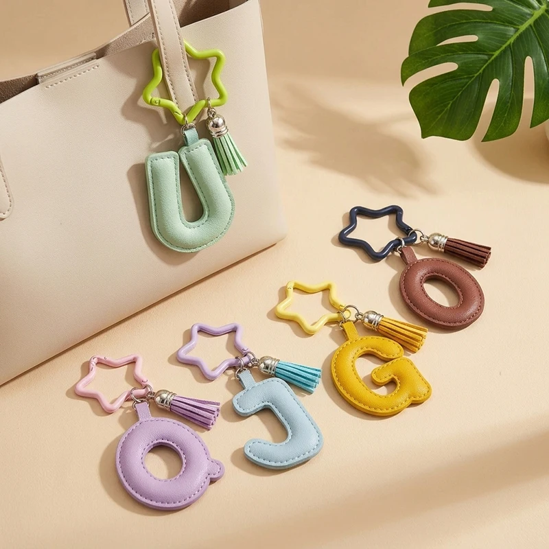 Star Shape Carabiner PU Leather A-Z Letter Keychain With Tassel Colorful Alphabet Bag Charm Key Ring Handbag Accessories