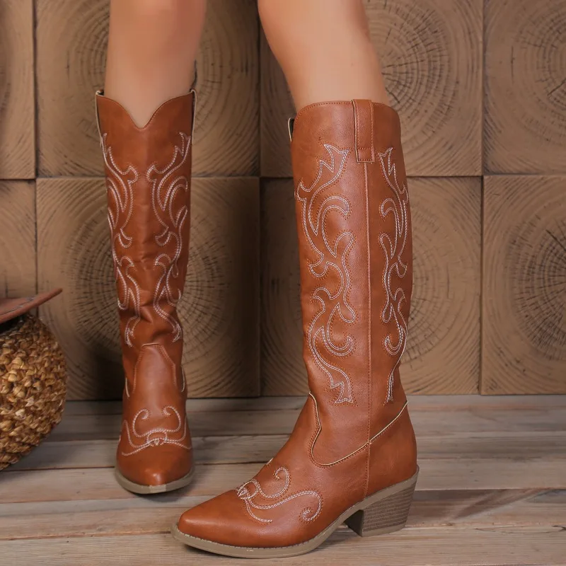 2026 New Pointed Toe Western High Heel Women's Knee High Boots Fashion Block Heel Embroidery Casual Comfort Boots for Women - view 3