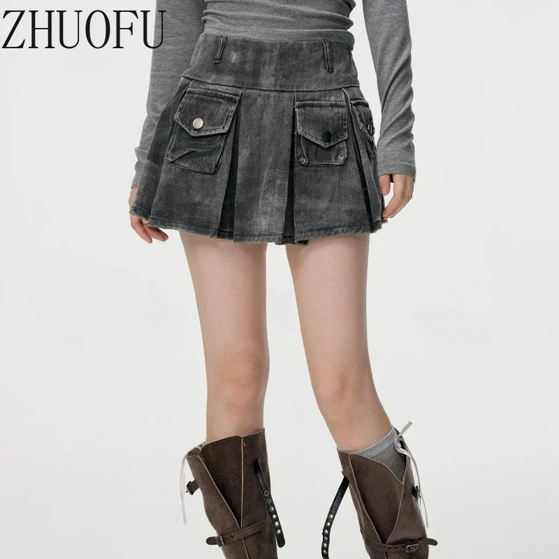 Grey Retro Women's Denim Skirt 2026 New Sweet Cool Fashion Design Music Festival Hot Girl Versatile A-line Pleated Skirts Ladies