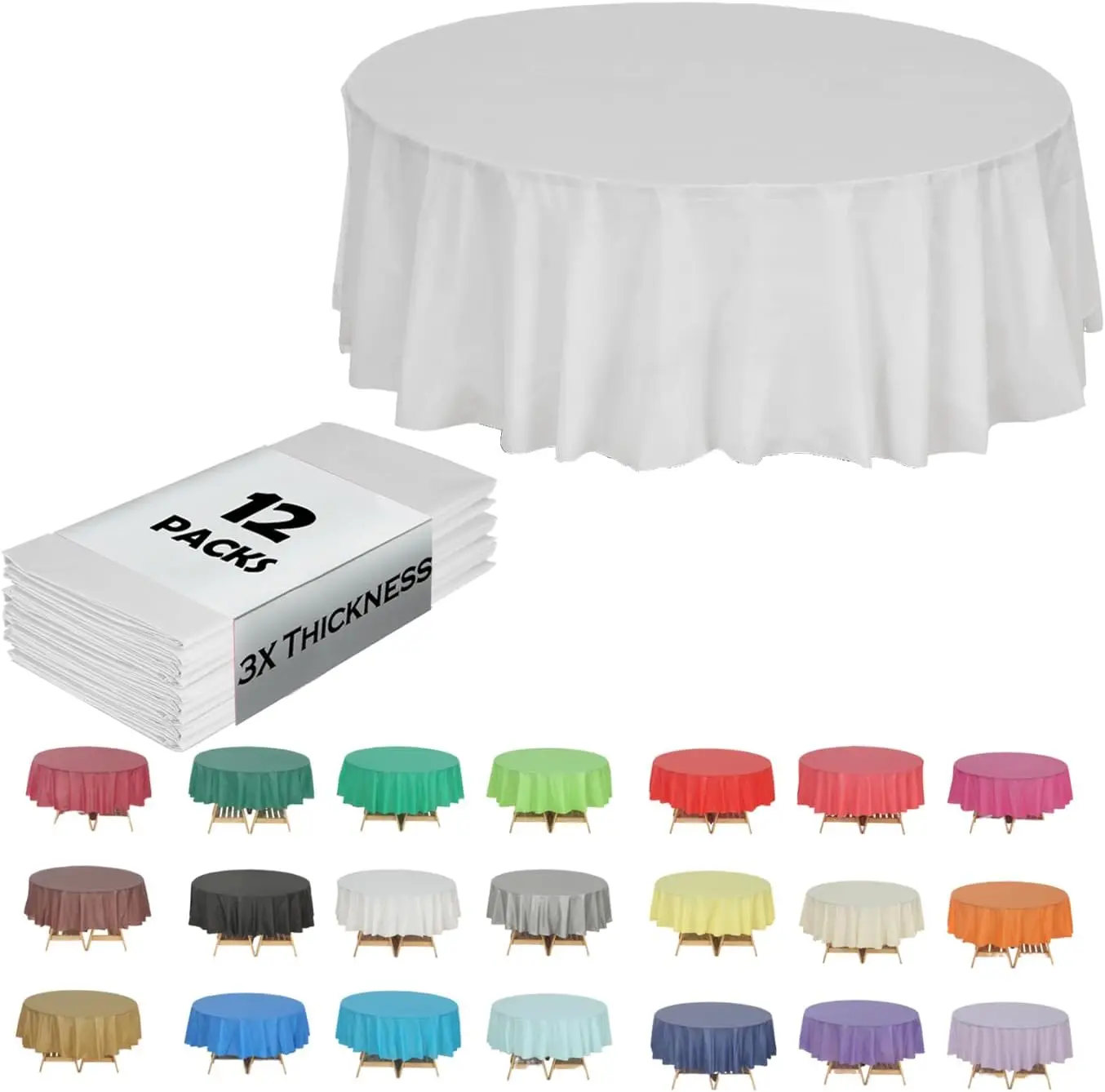 

3X Thicker Heavy Duty Plastic Table Covers Round Tablecloth, Disposable Tablecloth 12 Pack Round 84" White
