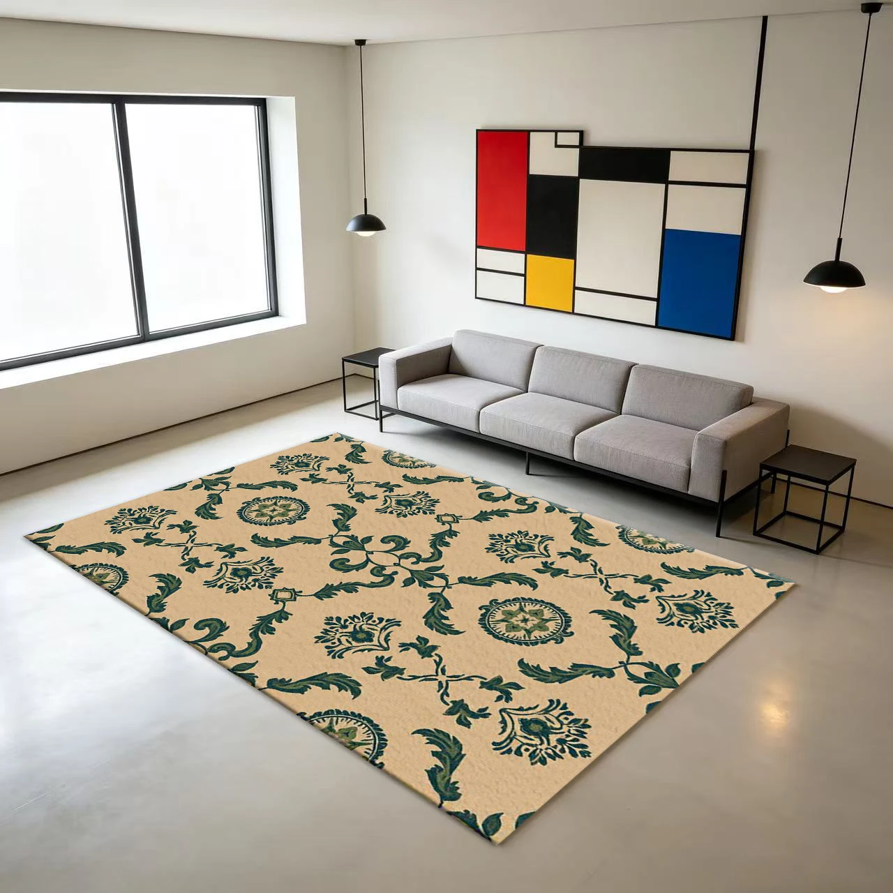 Beige Background Green Vintage Brocade Floral Carpet Floor Decoration Retro Printed Carpet Non-Slip Floor Mat Suitable for Home Interior Decoration