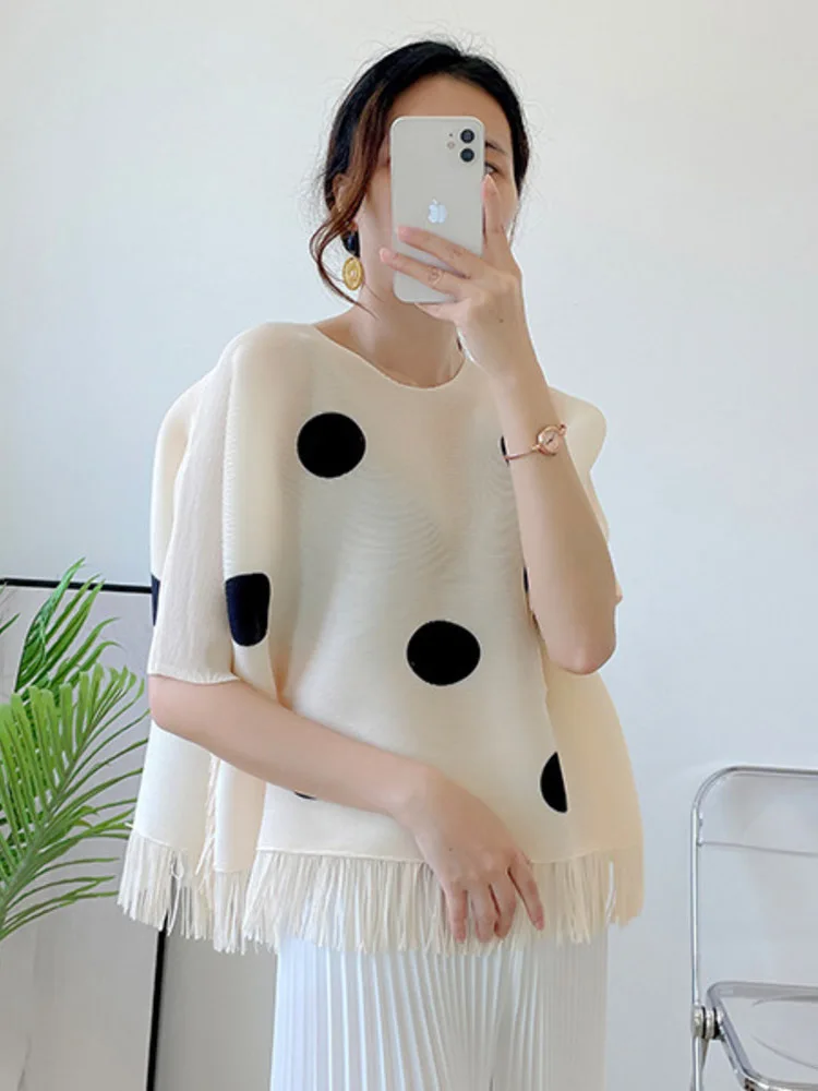 

Women Polka Dots T-shirt Loose Casual Tassel O Neck Short Sleeve 2022 Summer New Fashion Pleated Tops Female Big Size