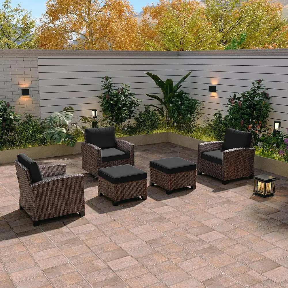 

Outdoor Patio Sectional Sofa Set, 5-Piece Rattan Furniture, Patio Conversation Sets With Ottomans, Swivel Sofa, Seats 3, Dark