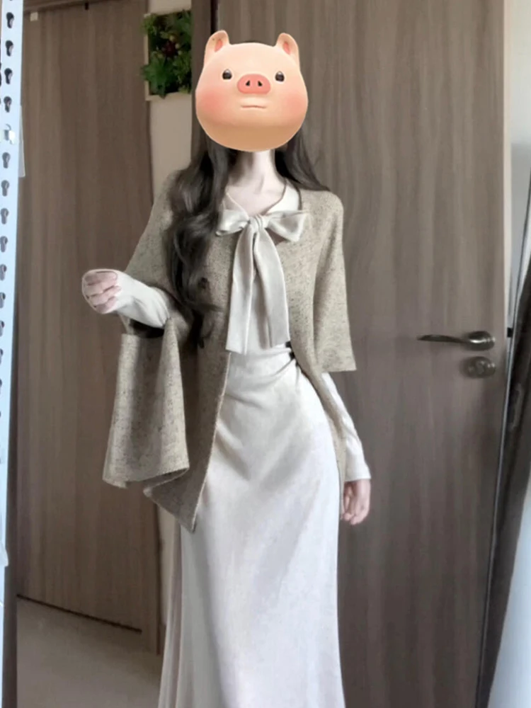 

Retro Ele Loose Cowl Ne Knit Dr Set Women's Winter Long Sve Slimming Coat Casual High Waist Knot Design