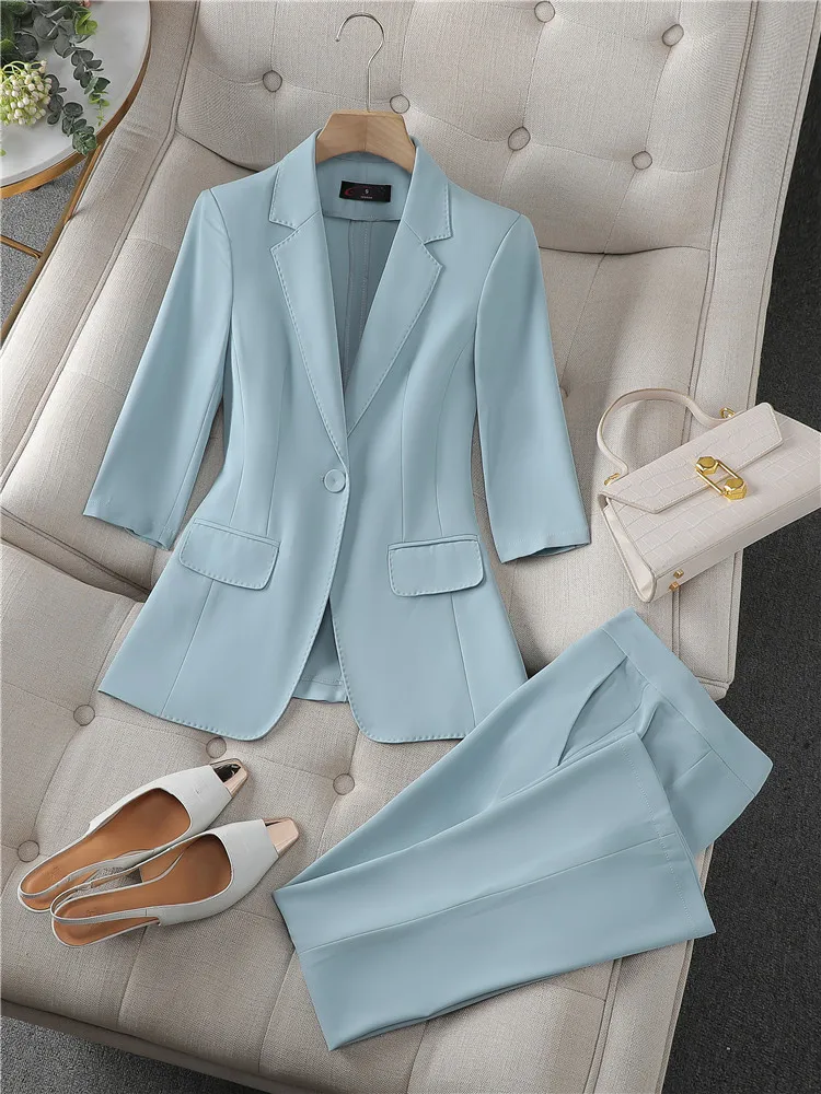 Imagem -05 - Blazer de Escritório Feminino Terno Simples de Cor Sólida Gola Blusa Azul de Meia Manga Calça Flare Moda Conjunto de Peças