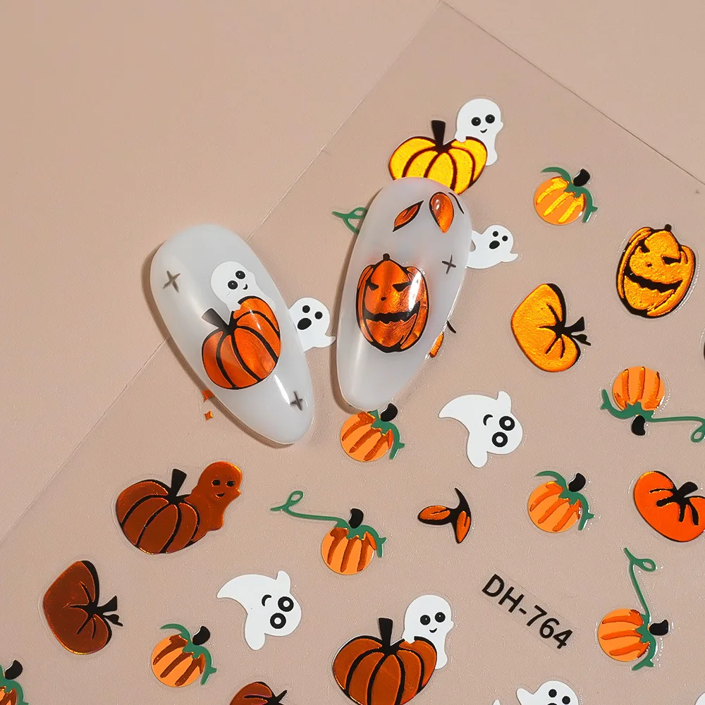 할로윈 네일 아트 스티커 호박 유령 거미 인쇄 자기 접착제 네일 데칼 재사용 가능한 네일 장식 스티커 매니큐어