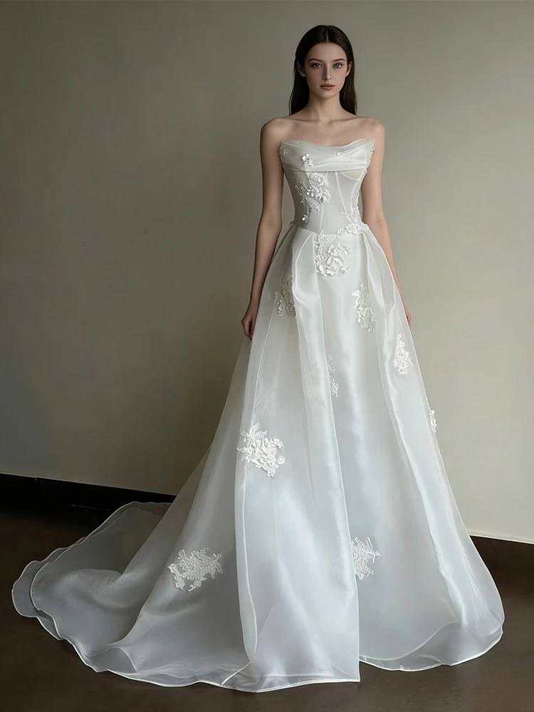 

Ele White Bridal Gown Strapl A-Line Skirt Wedding Dr Super Fairy T High Quali Simple Vintage Hotel Indoor