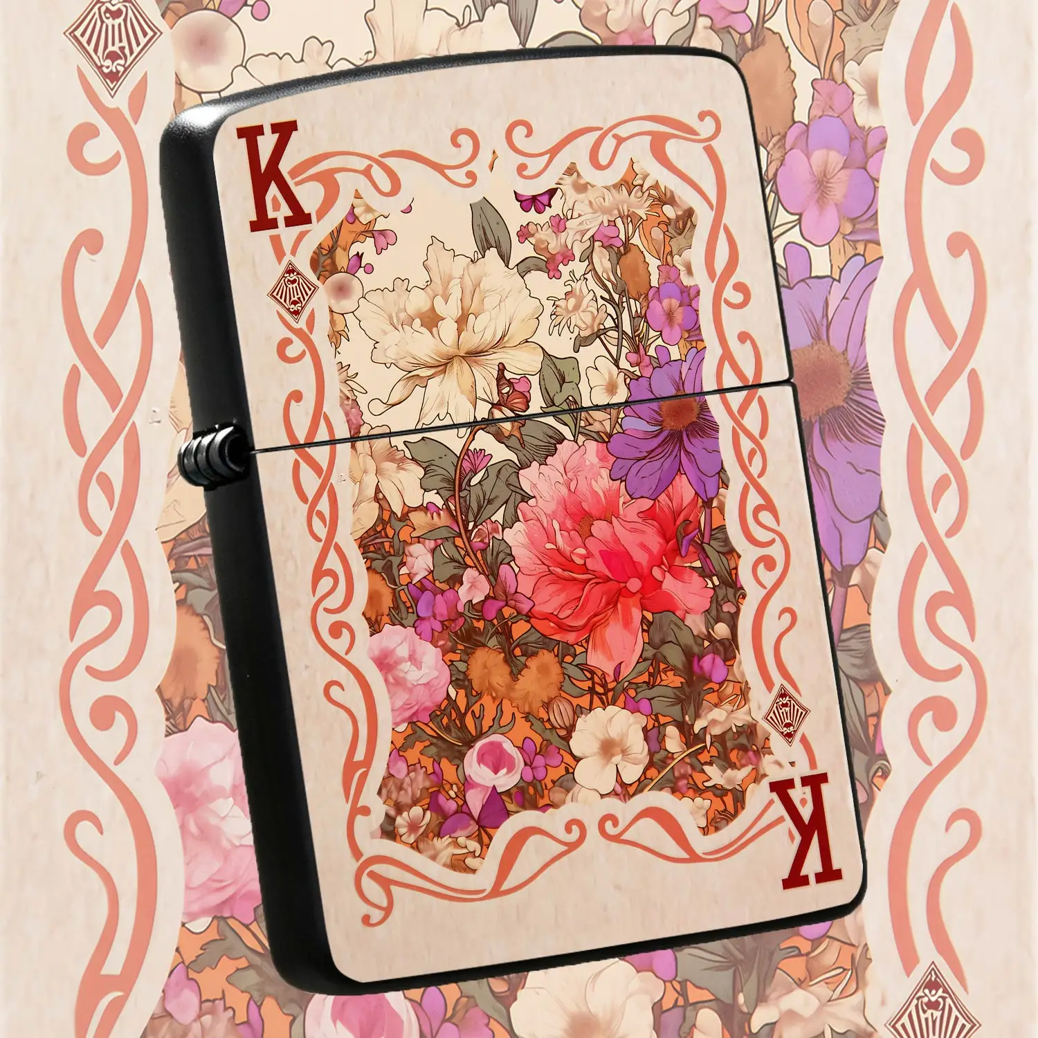 Vintage Floral Poker K Lighter, Exquisite Peony Daisy Art Illustration Decor, Delicate Retro Playing Card Style Portable Ignition Tool, Ideal For Daily Multi-Scene Use, Unique Festive Gifting Option For Family Friends A A Humorous And Inter