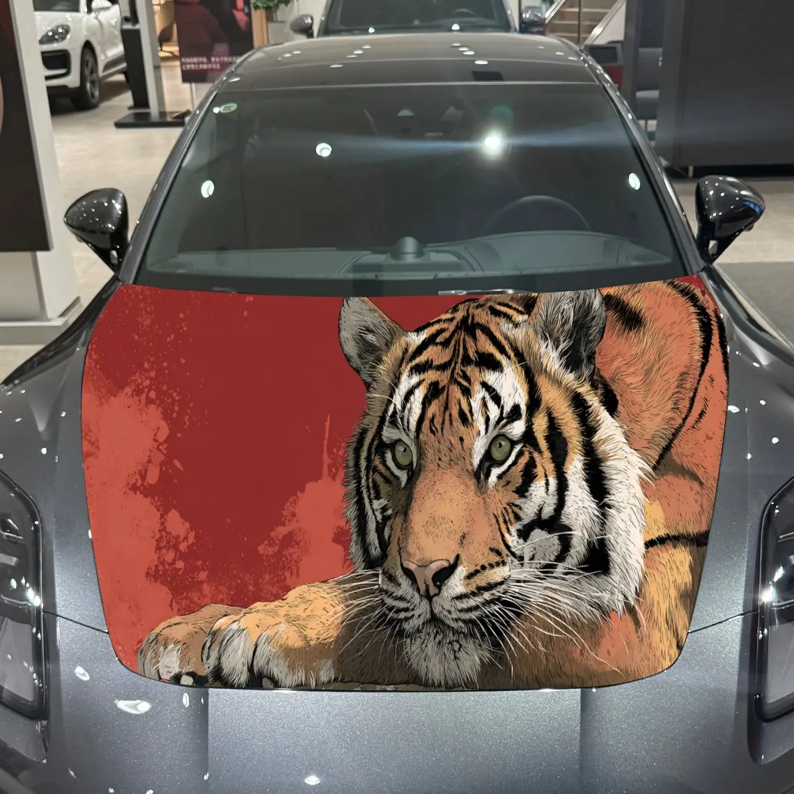Red Tiger Brave Exploration Charm PVC Car Hood Wraps, Self-Adhesive Waterproof Car Bonnet Decal Sticker, Car Decoration Protecti