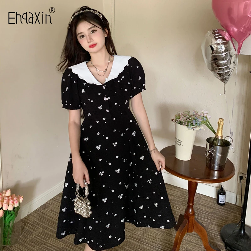 

EHQAXIN 2024 Summer Women's Dresses Fashion French Button Broken Flower High Waist A-Line Casual Dresses For Female S-XL