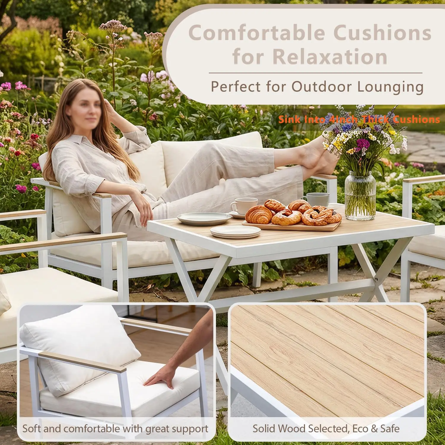 Aluminum Patio Sectional Sofa Set, 4 Piece Outdoor Conversation Set with Coffee Table & Washable Cushions, Customized