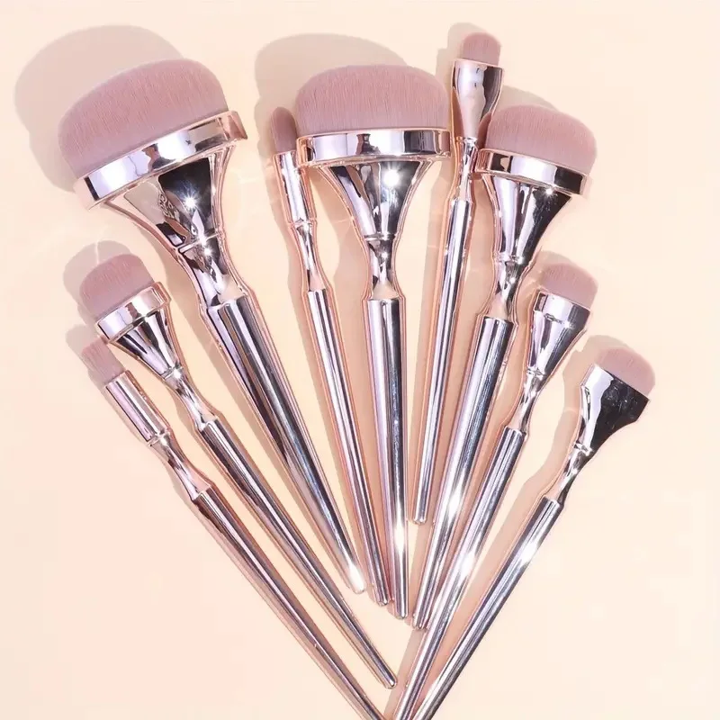 Set de 9 Brochas de Maquillaje en Oro Rosa para Sombra de Ojos, Colorete, Iluminador, Base, Corrector y Difuminado, Herramienta de Belleza Suave para Mujer