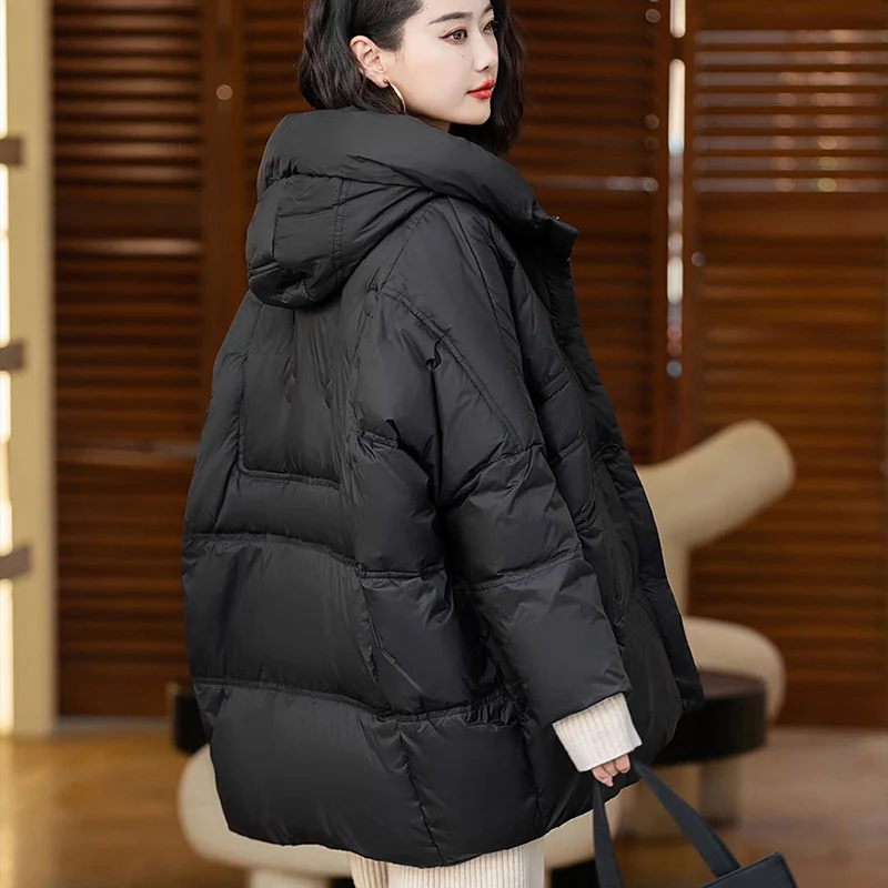 Schinteon Women Down Jacket Casual Over Size Autumn Winter Outwear with Hood Warm White Duck Down Vintage Coat 2024 New