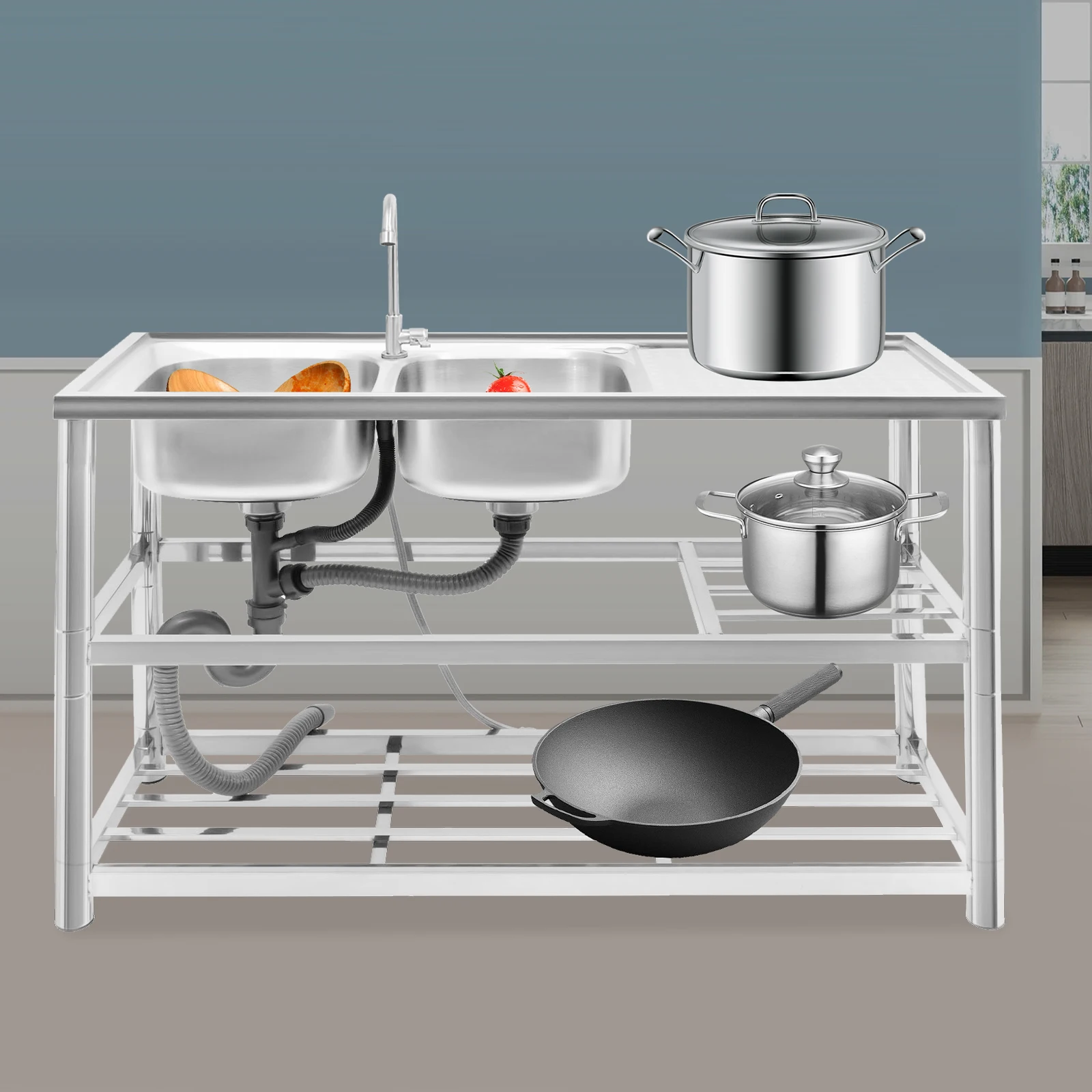 

Отдельно стоящая двойная раковина из нержавеющей стали, набор кухонных мойков с углом 360° ° Вращающийся смеситель и сливная доска, 3-слойная полка для хранения