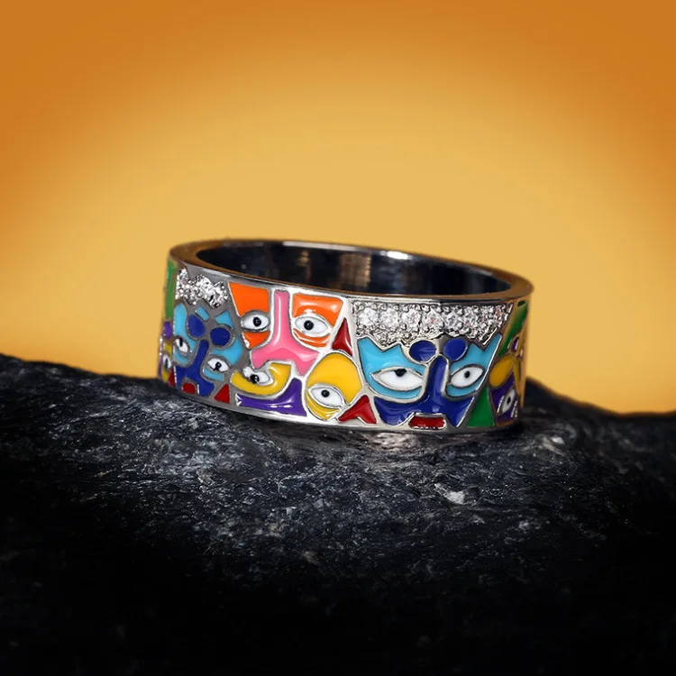 Creative Enamel Set Family Cartoon Girl Ring Necklace 925 Silver Fashion Drop Glue Jewelry Party Birthday Gift Wholesale