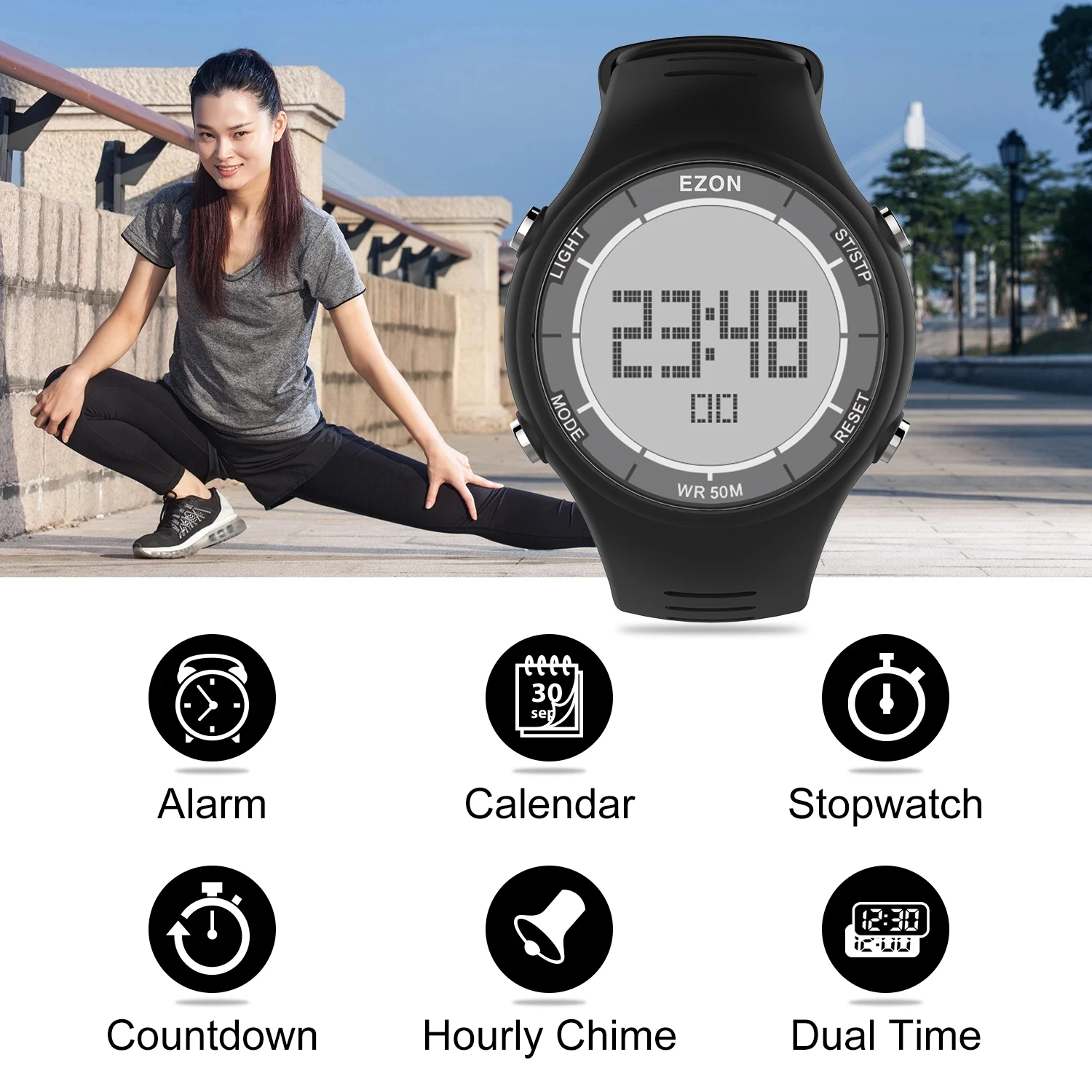 EZON New Fashion Woman Digital Sport Watch for Outdoor Running with Alarm Clock Stopwatch Countdown Timer Waterproof 50m L008