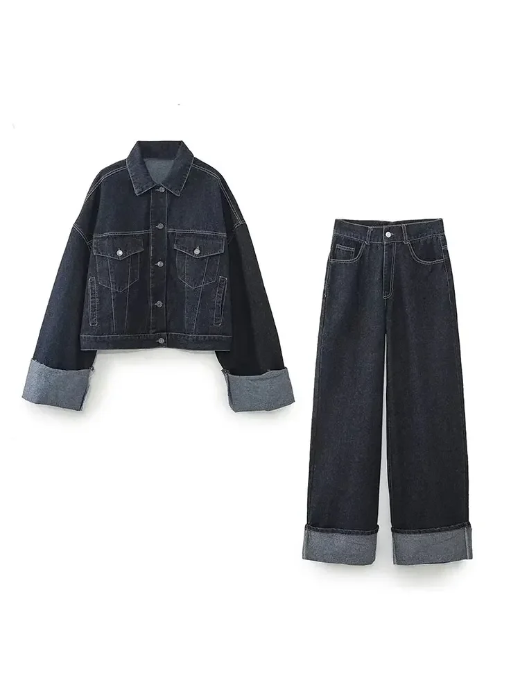 2023 Autumn Women Fashion Loose Short Denim Jacket + Draped Wide-leg Jean 2 Piece Set Suit