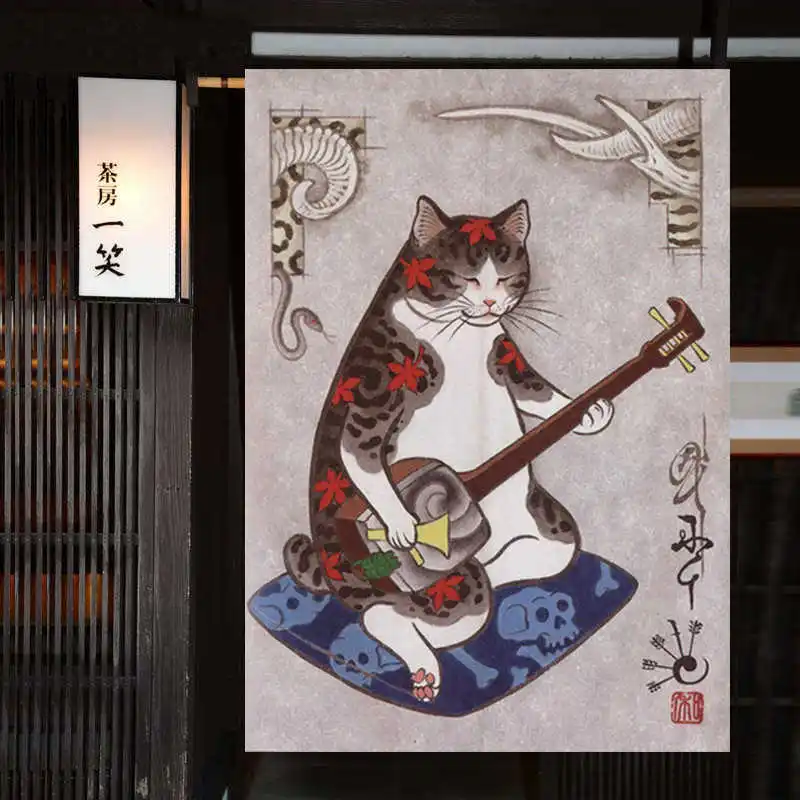 VIKAMA Japanese Ukiyo-e Style Cat Demon Skull Cloud Velcro Door Curtain Self Adhesive Oriental Art Split Panel Soft Durable Cozy