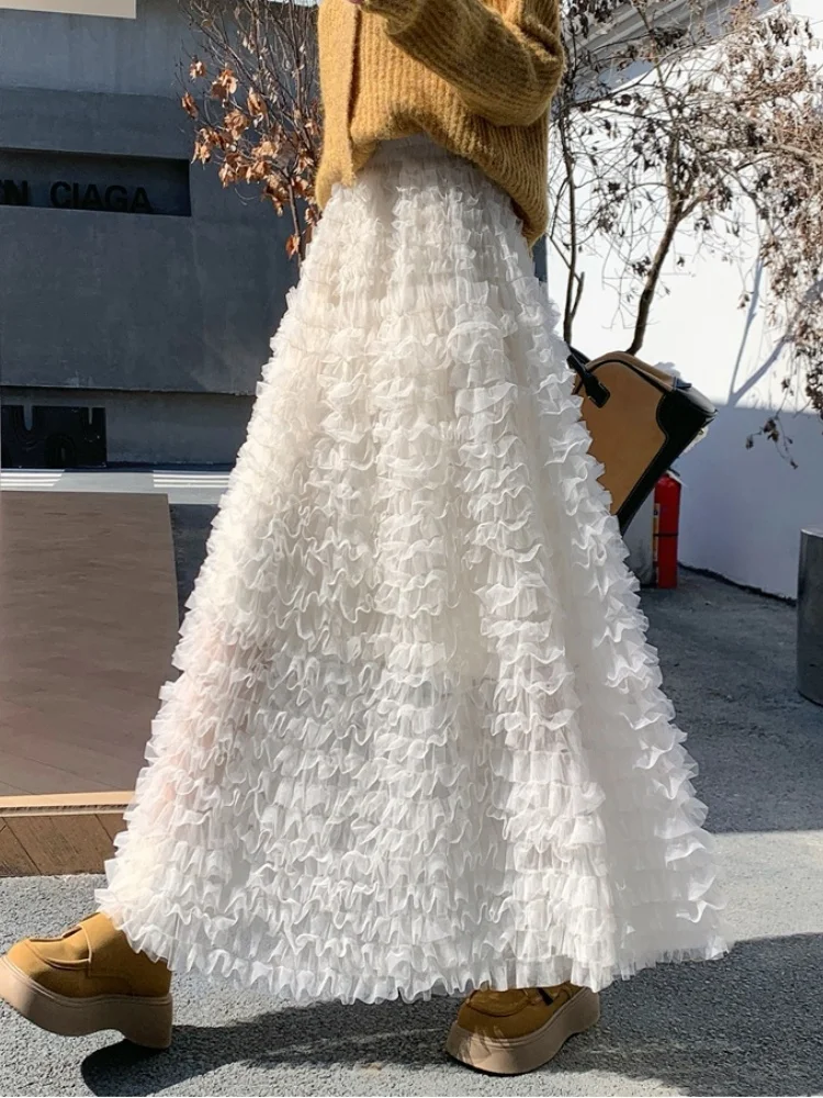 SMTHMA Elegant Mesh Cake Gauze Skirt  Women's New 2025 Autumn Winter Elastic High Waist Fluffy Long Skirt