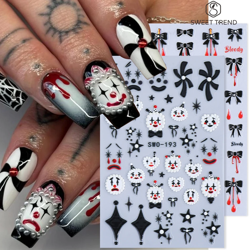 2 Stück Halloween-Nagelaufkleber, verrückter Ausdruck, Clown-Gesicht, Schleife, Sternmuster, Nagelaufkleber, DIY-Maniküre-Dekoration, Nagelzubehör – Detail 2