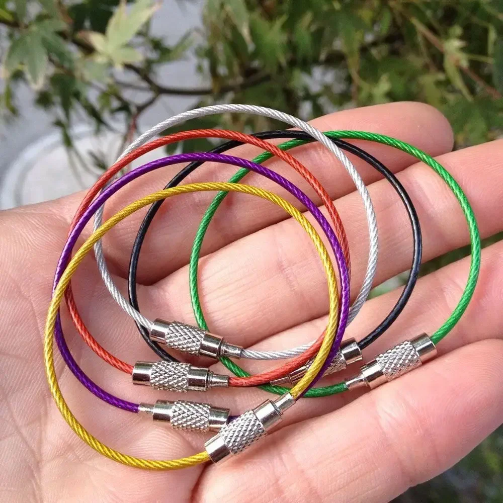 5Pcs Colorful EDC Keychain, Stainless Steel Carabiner Key Holder with Wire Keyrings Cable Rope Screw Locking