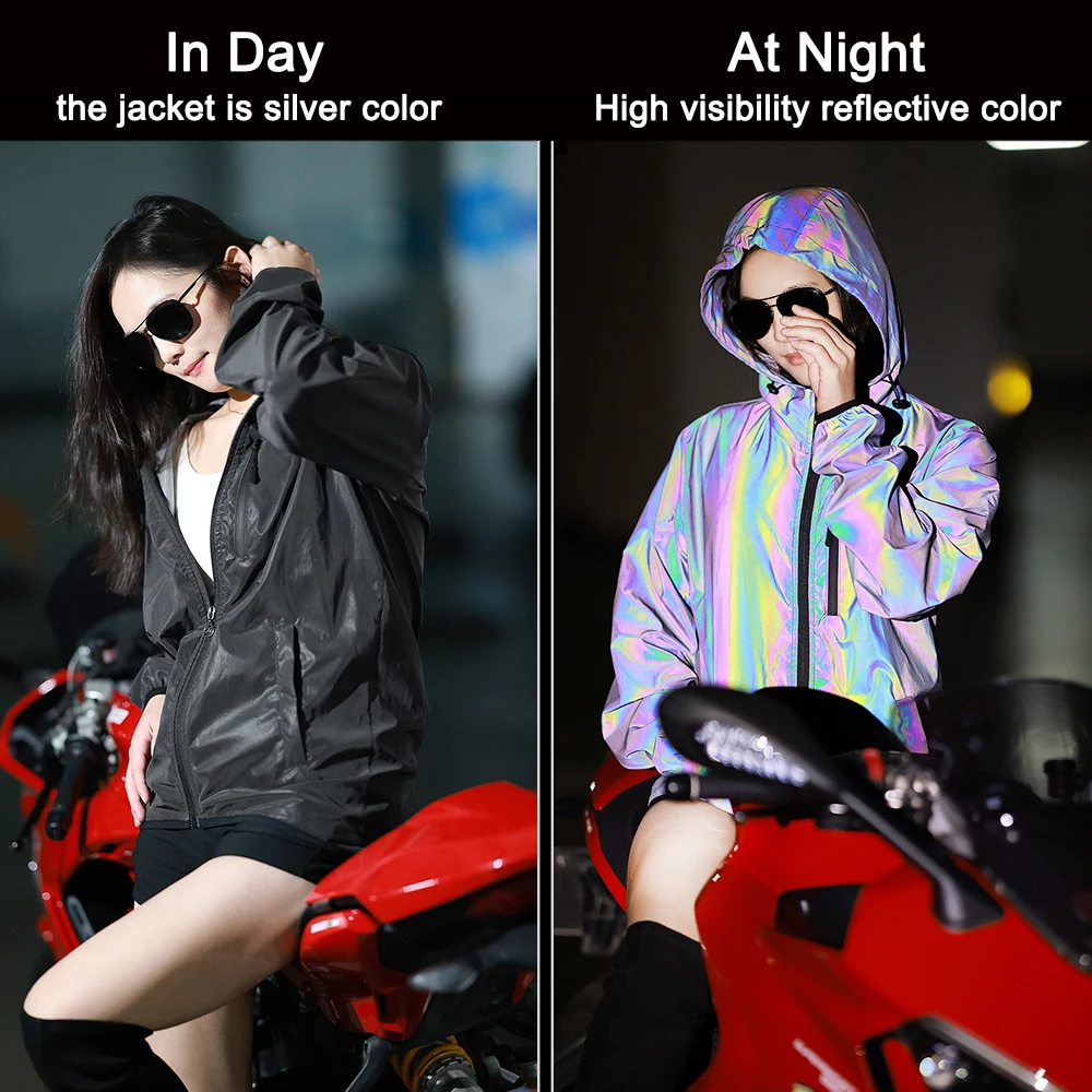 WOSAWE Rainbow Reflective Jacket Men Women Hooded Windbreaker High Visibility Waterproof Motorcycle Running Night Safe Wind Coat