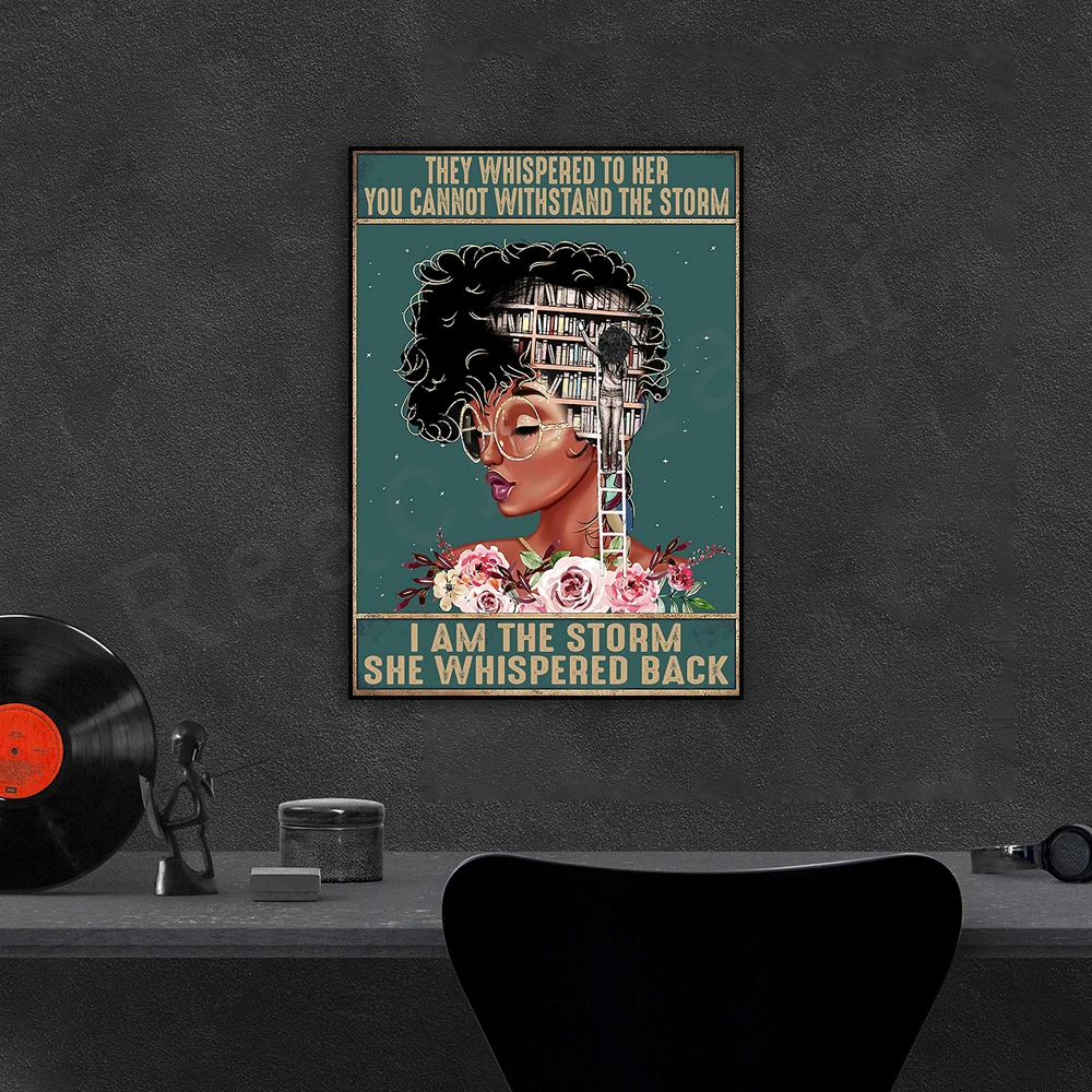 love reading poster, retro book poster, they whisper to her you can't take the storm i am the storm retro poster