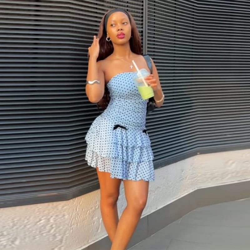

Women Sexy Y2K Strapless Blue Polka Dot Mini Dress Trend Ruched Tiered Ruffle Bow Bodycon Gown 2026 Summer Lady Party Streetwear