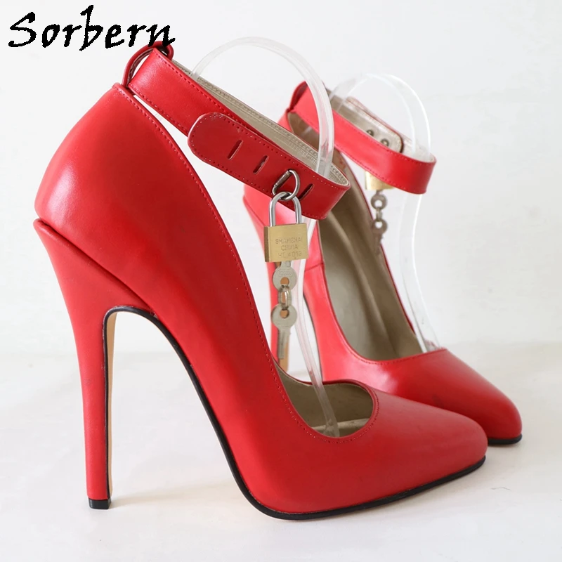 Sorbern 14Cm High Heel Women Pump Shoes Sissy Boy Ankle Straps With Lock Pointed Toe Real Leather Red Matt Evening Party Shoe