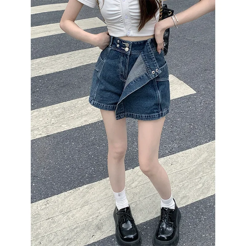 Women Denim Skirt Pants 2023 New Summer Jeans Shorts Women Casual High Waist Button Loose Blue Skirt Pants Y2K Korean Streetwear
