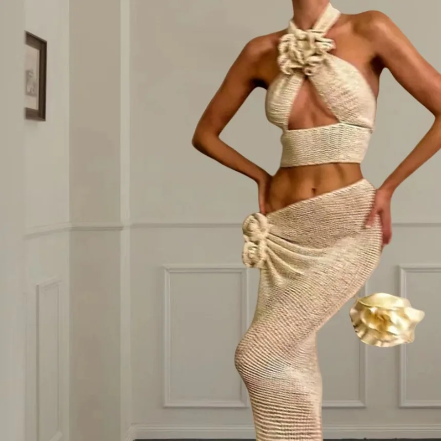 

Women 2 Piece Outfit Sexy Halter Backless Maxi Dress Floral Hollow Out Beach Vacation Boho Style Long Dress