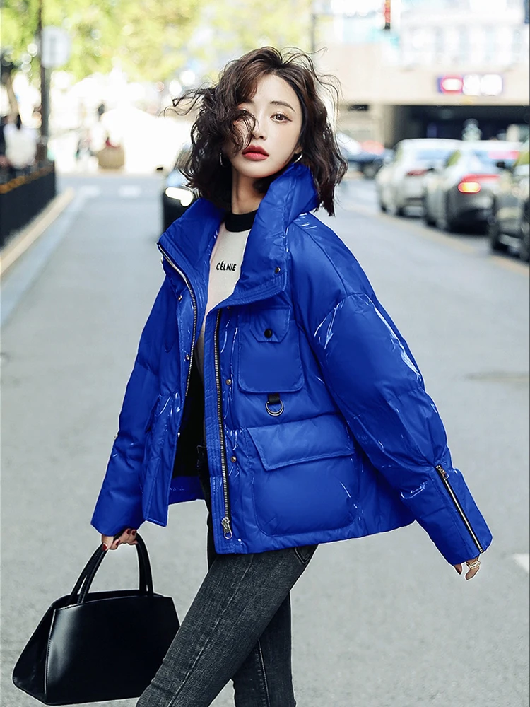 2023 New Glossy Short Stand Collar Down Cotton Coat Women Winter Korean Version Loose Add Thick Keep Warm Female Parka Outerwear