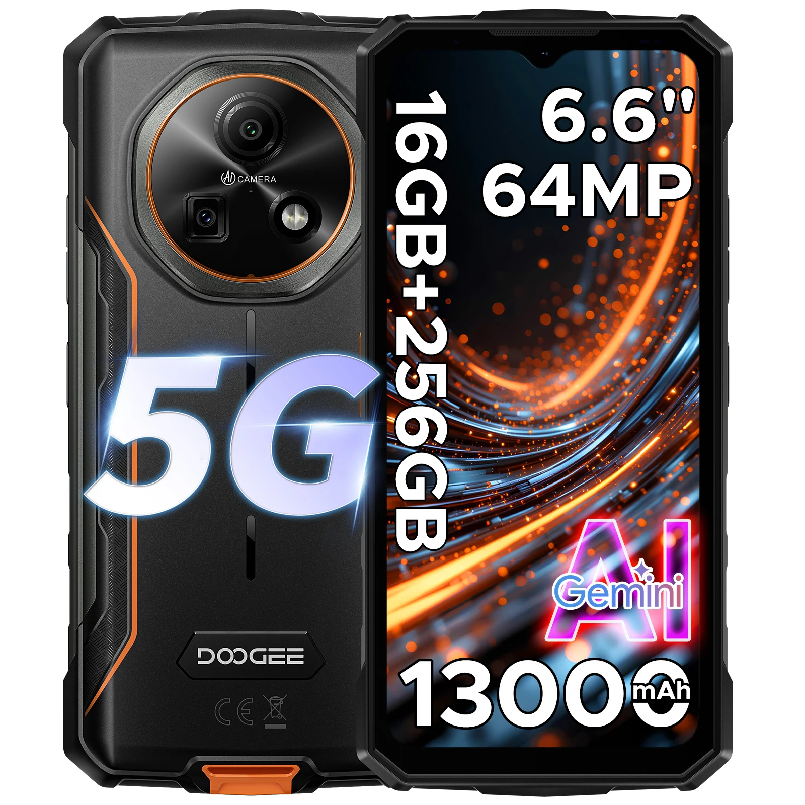 Teléfono Resistente DOOGEE Fire 7 5G, Batería de 13000 mAh, Android 15, Pantalla de 6.6'', Dimensity 6300, 4 GB de RAM, 256 GB de Almacenamiento, Cámara de 64 MP, NFC