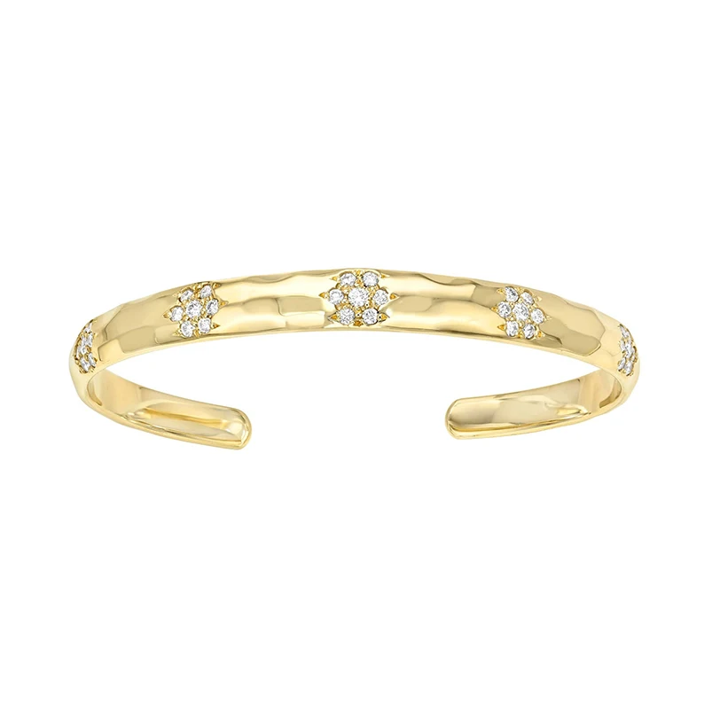 

Gemnel Hammered Texture & Elegant Gold Cuff Bracelet with Diamond Pave