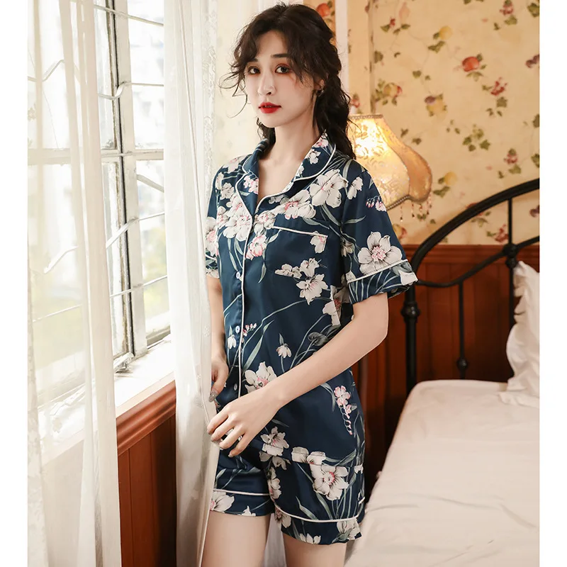 

Summer New Two Piece Set Women Homewear Female Silk Satin Pajamas Lady Short Sleeve Loose Casual Sleepwear Nightwear