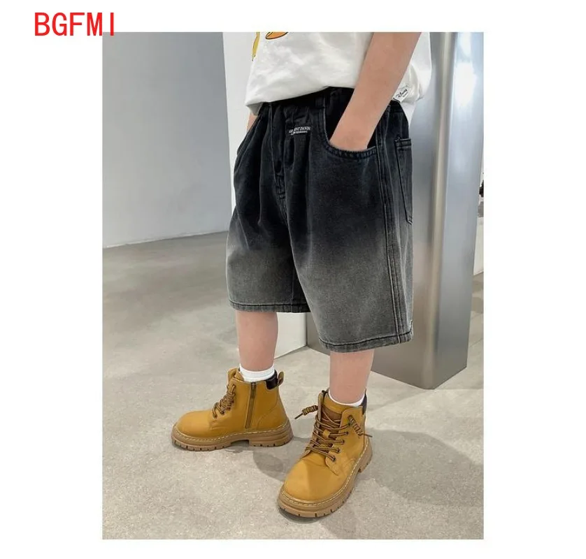 2024 Summer Pants Teenage Boy\'s Shorts New Cotton Thin Gradient Color Denim Shorts Children Short Jeans Clothing for Junior Boy