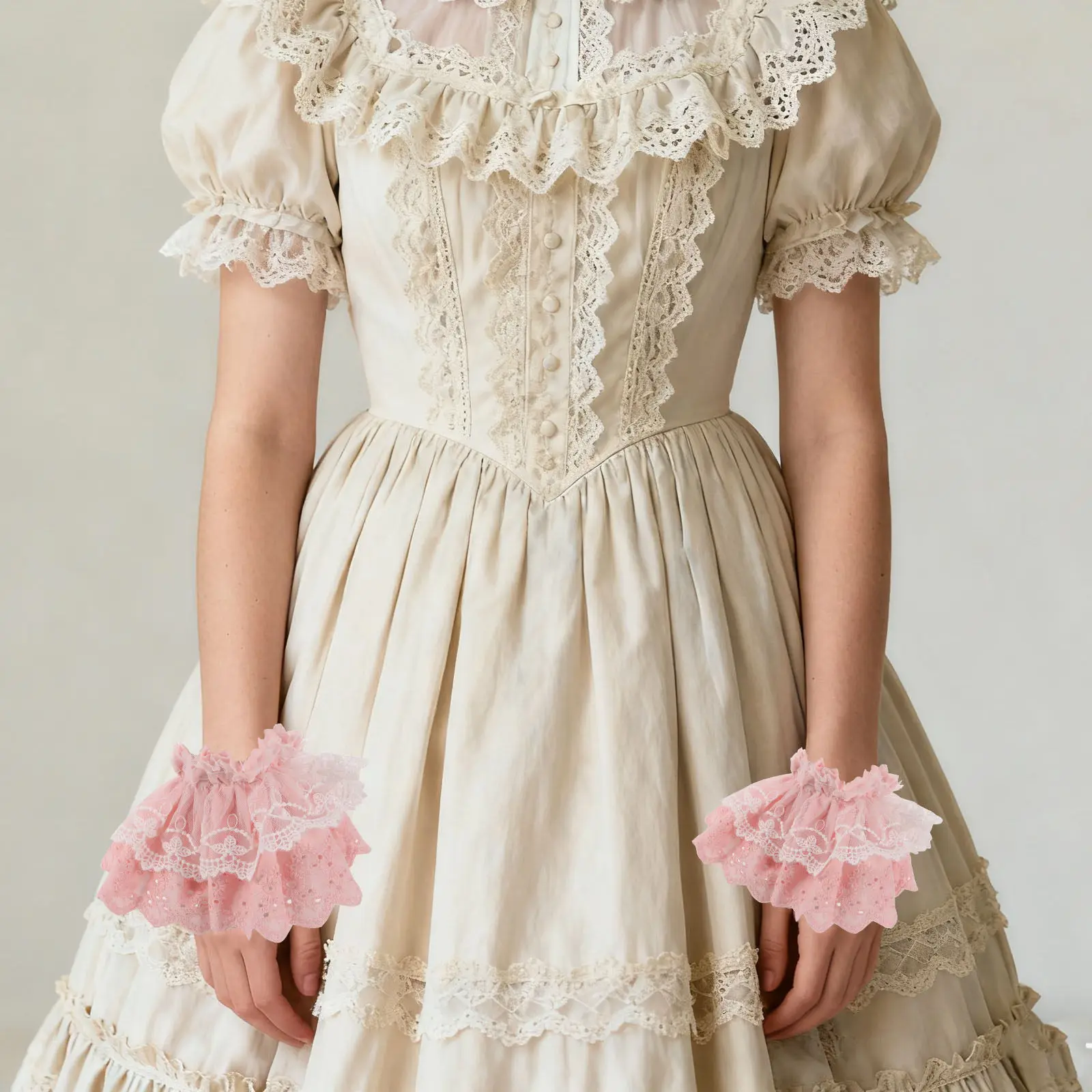 

1 пара кружевных манжет в стиле Лолита, розовые кружевные накладные рукава, женские манжеты-браслеты, аксессуары для свадебных и праздничных платьев