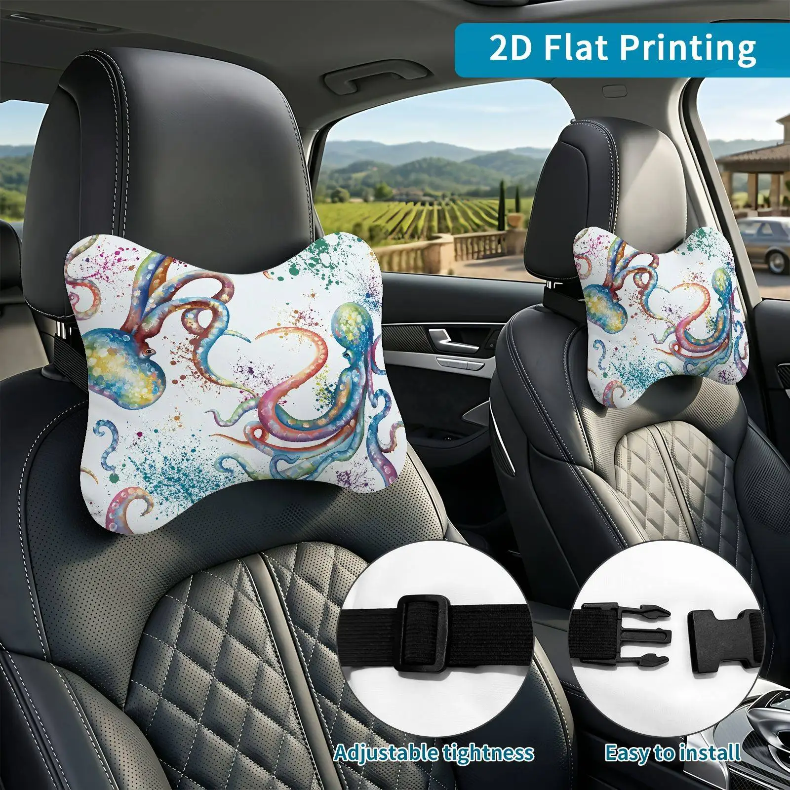 2pcs Colorful Octopus Marine Car Seat Headrest, Neck Support Cushion, Suitable For All Seasons Of Car Additions, Oceanic Theme,