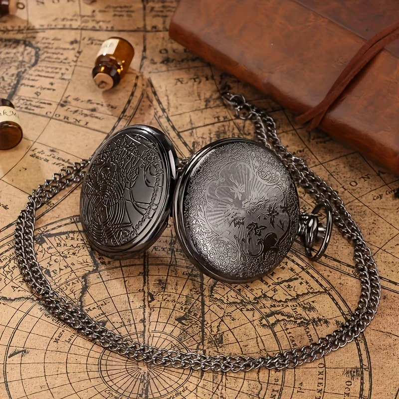 Vintage Graphic Embossed Quartz Pocket Watch Analog Necklace Pendant Fob Watch Souvenir Gift For Women Men