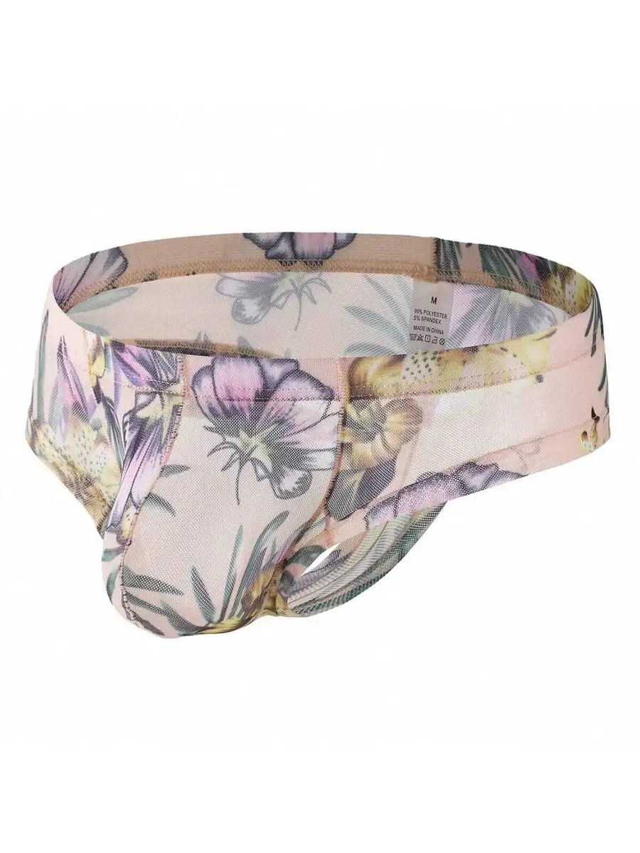

Mens Floral Printed Mesh Thong Briefs Low Waist Breathable Underwear