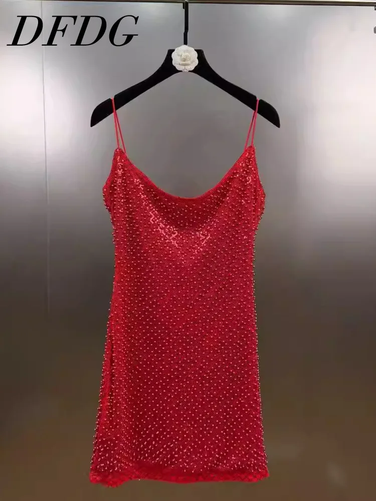 

DFDG Women's Spring Summer Red Beaded Spaghetti Strap Bodycon Mini Dress Clubwear 2026 Trendy Feminine Fashion Outfit Dress