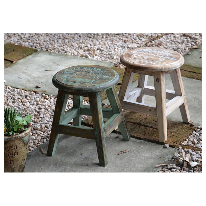 Engraved Wooden Stool Round Plant Stand Retro Low Chair Small Bench Sturdy Step Bathroom Furniture Home Decoration