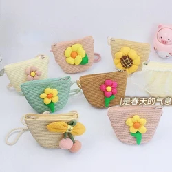 Summer Flower Children's Coin Purse Shoulder Bags Woven Straw Baby Girls Small Crossbody Bag Lovely Kids Mini Zipper Handbags