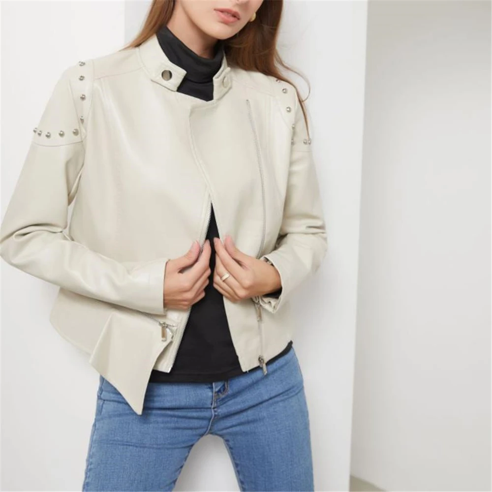 Spring Autumn Lapel Splicing Pu Leather Jacket Women Moto Frenulum Faux Soft Leather Coat Casual Loose Outwear Overcoat Spring