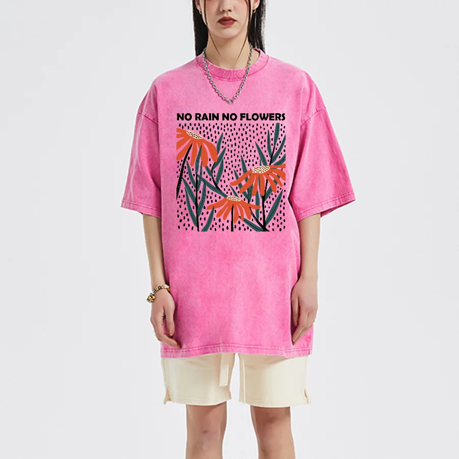 Flower Rain Print 2024 New Women's T-Shirt Oversized Wash Denim Couple Half Sleeve Street Cool Top Fashion Design Tees