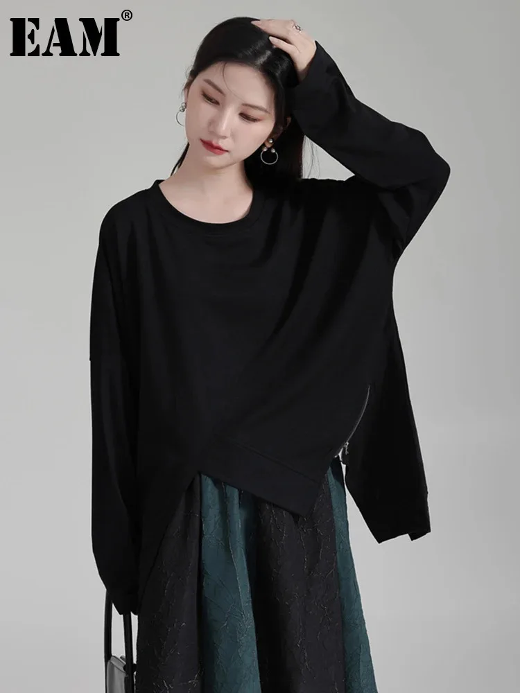 

[EAM] Loose Fit Black Irregular Zipper Sweatshirt New Round Neck Long Sleeve Women Big Size Fashion Spring Autumn 2024 1DH2243