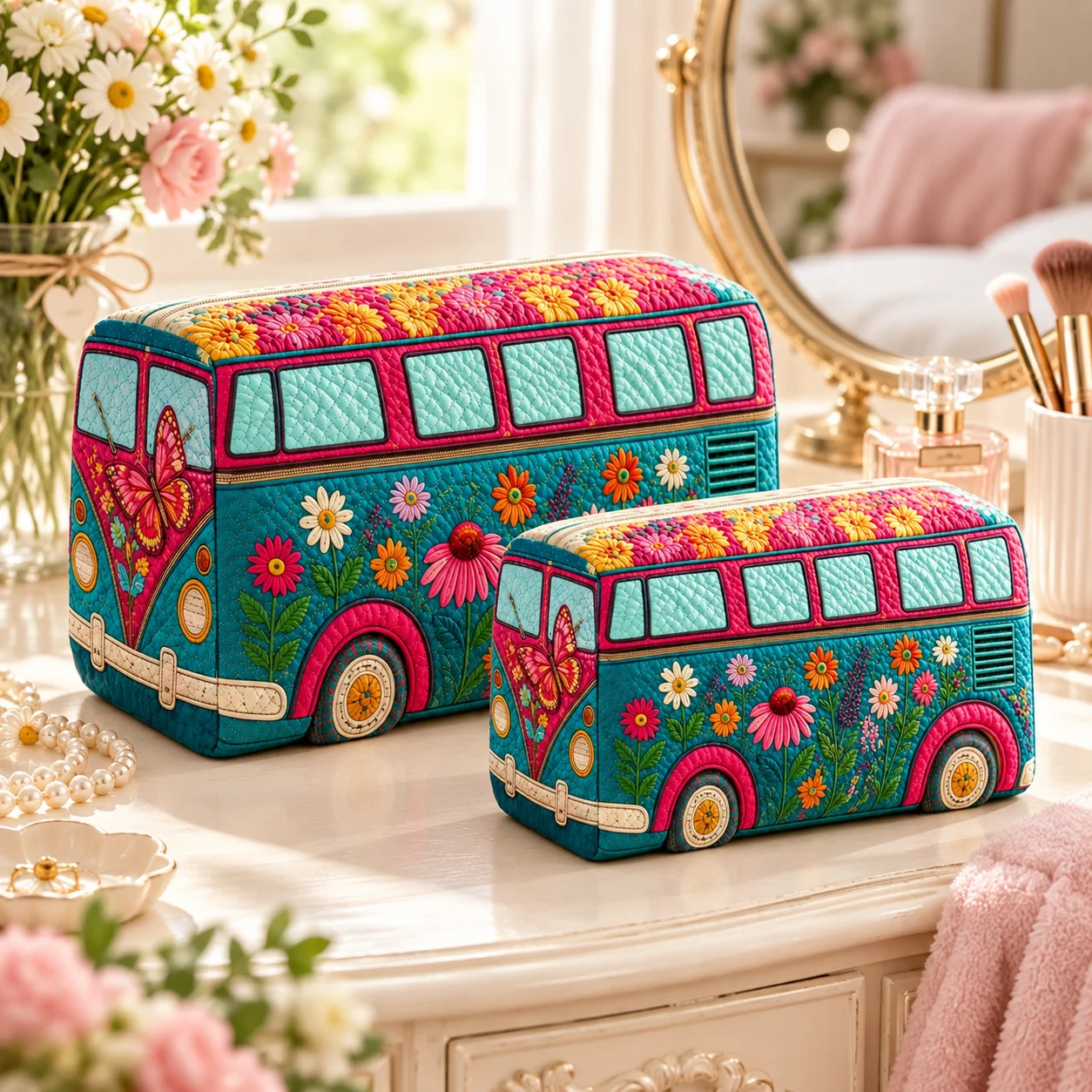 Retro Bus Print Cosmetic Bag Colorful Butterfly Zipper Pouch Travel Toiletry Organizer Pencil Case Makeup Storage Bag Women