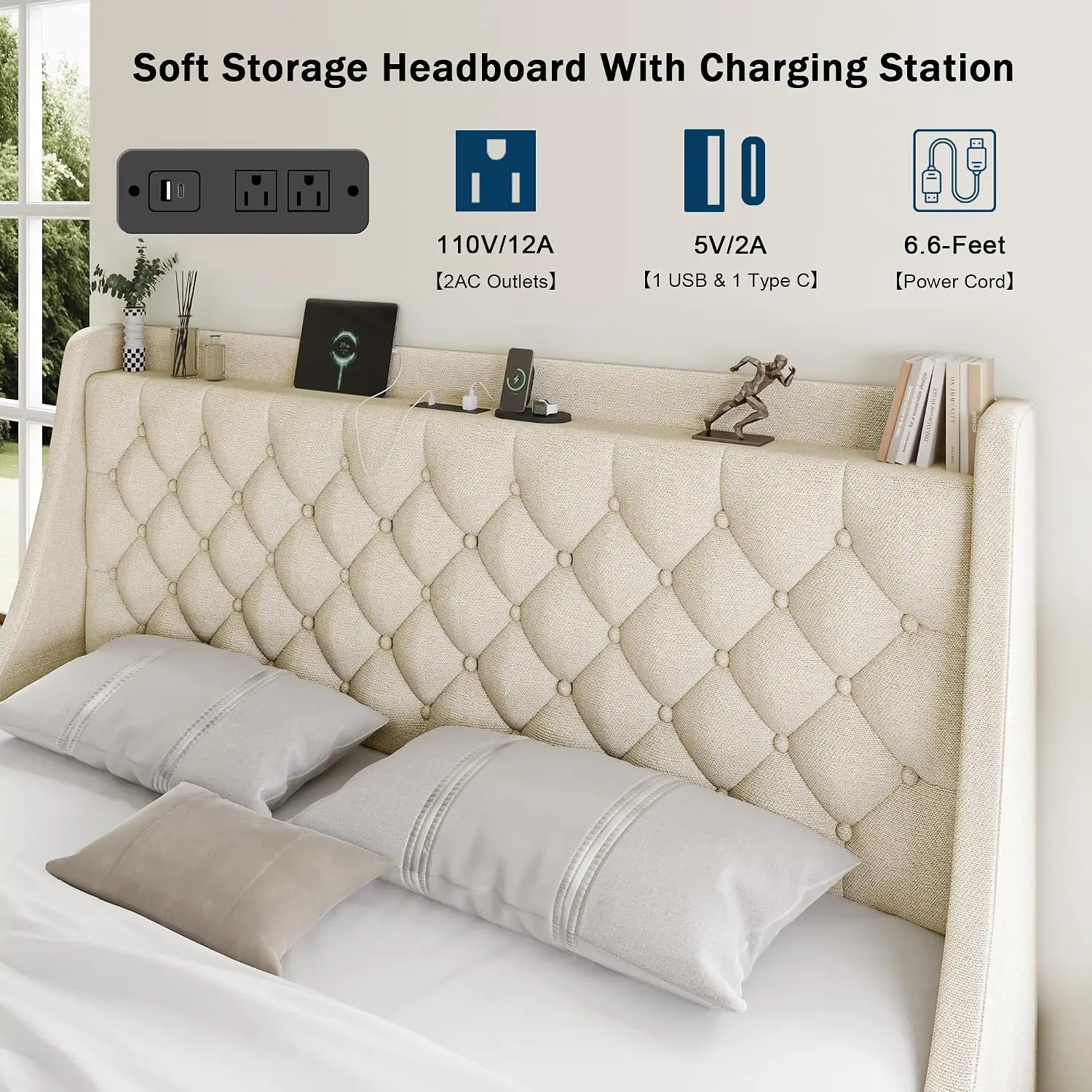 King Upholstered Platform Bed with Storage Drawers, Wingback Headboard, USB Charging, Noise-Free, Beige, Customized