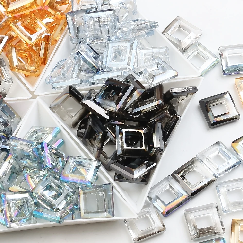 10 Pcs 14mm Crystal Square Big Hole Loose Spacer Hollow Ring Beads DIY Making For Crafts Garemnt Decor  Nail Decoration