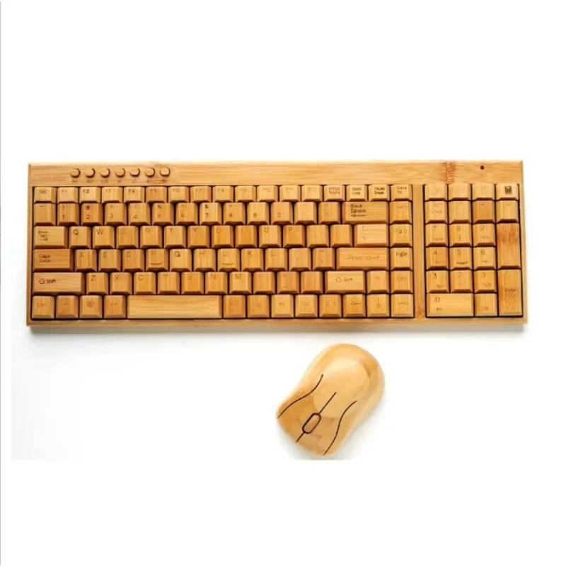 2.4G Wireless Bamboo PC Keyboard and Wired Mouse Combo Handcrafted Natural Wooden Office Computer Accessories Plug Play